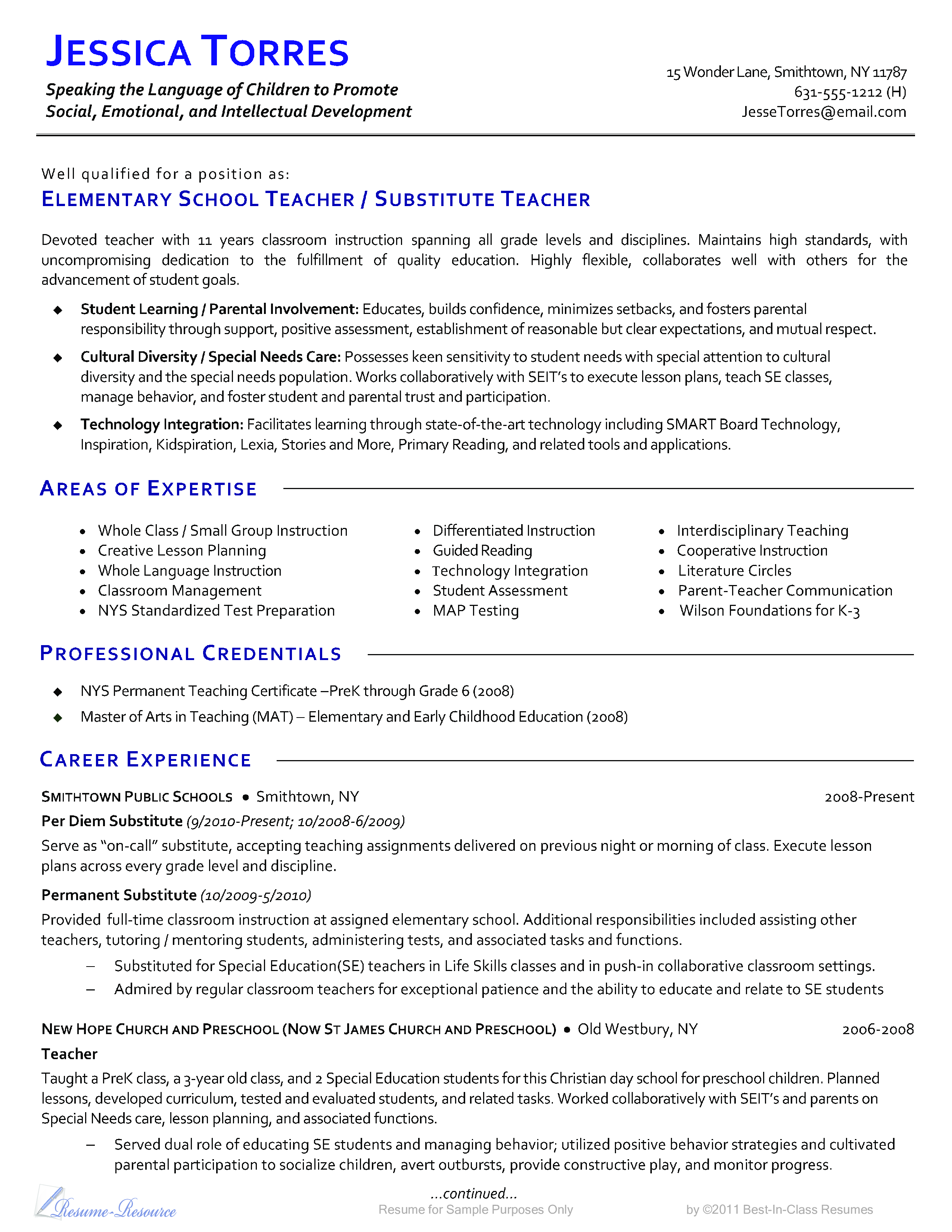 sample resume for classroom teacher