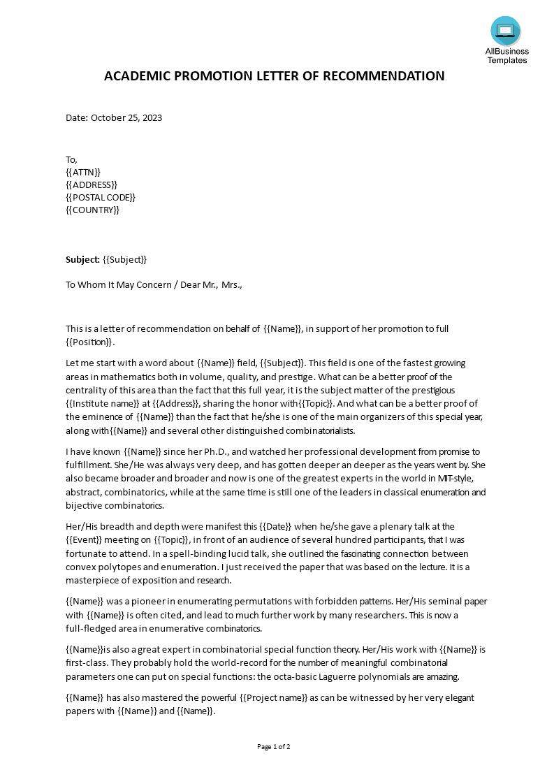 letter of recommendation for academic promotion template