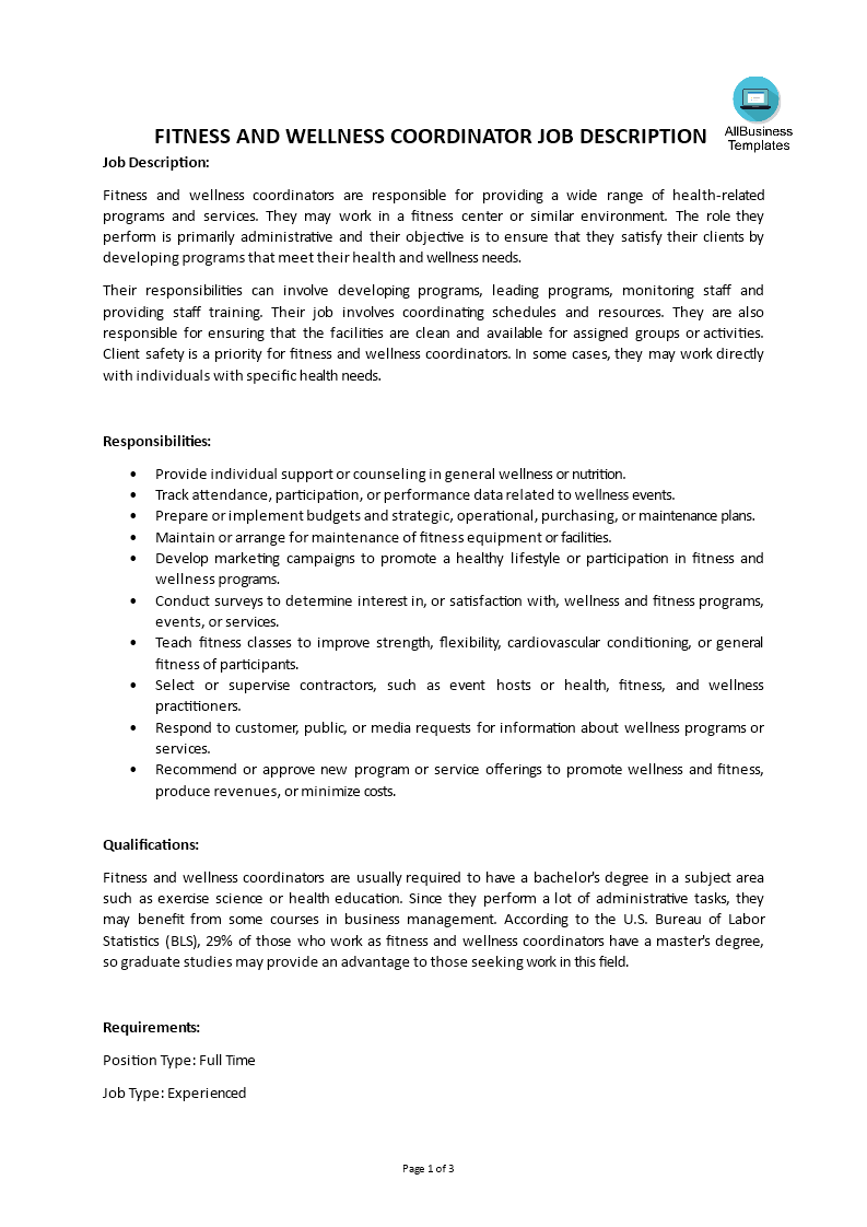 fitness and wellness coordinator job description voorbeeld afbeelding 