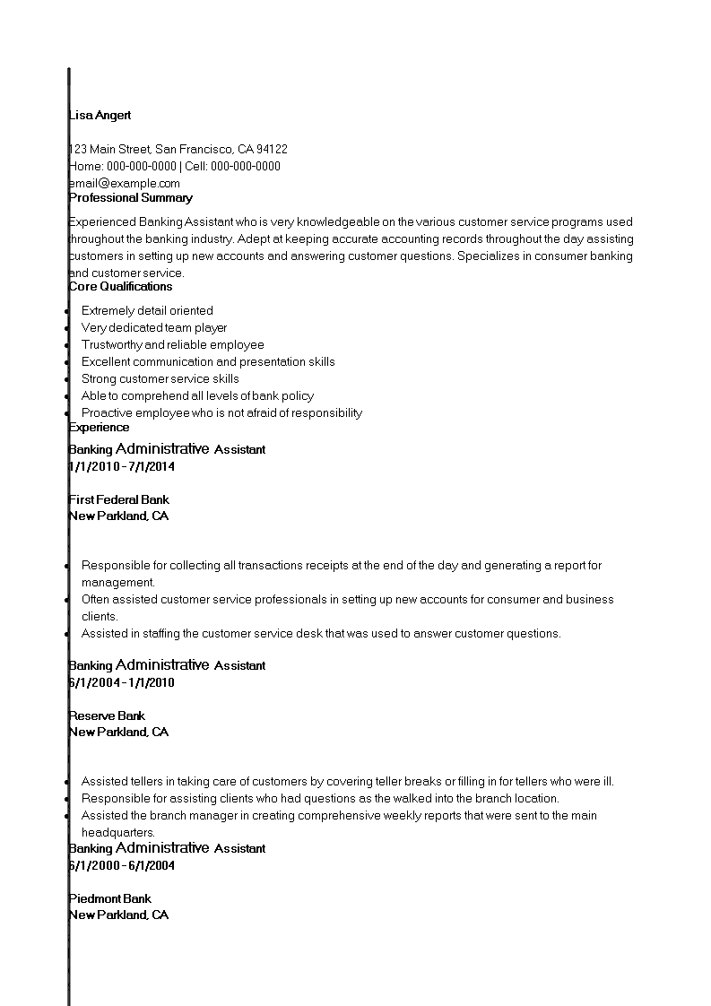 Banking Administrative Assistant Resume template main image