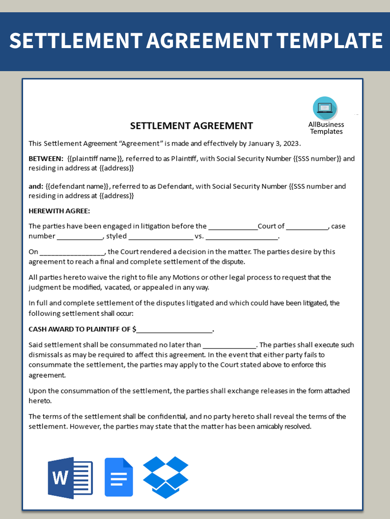 legal settlement agreement modèles