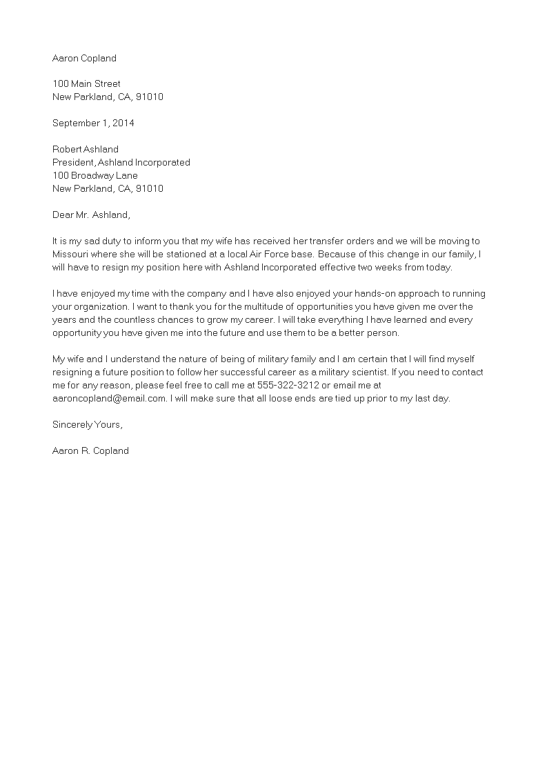 Immediate Resignation Letter Due to Relocation  Templates at