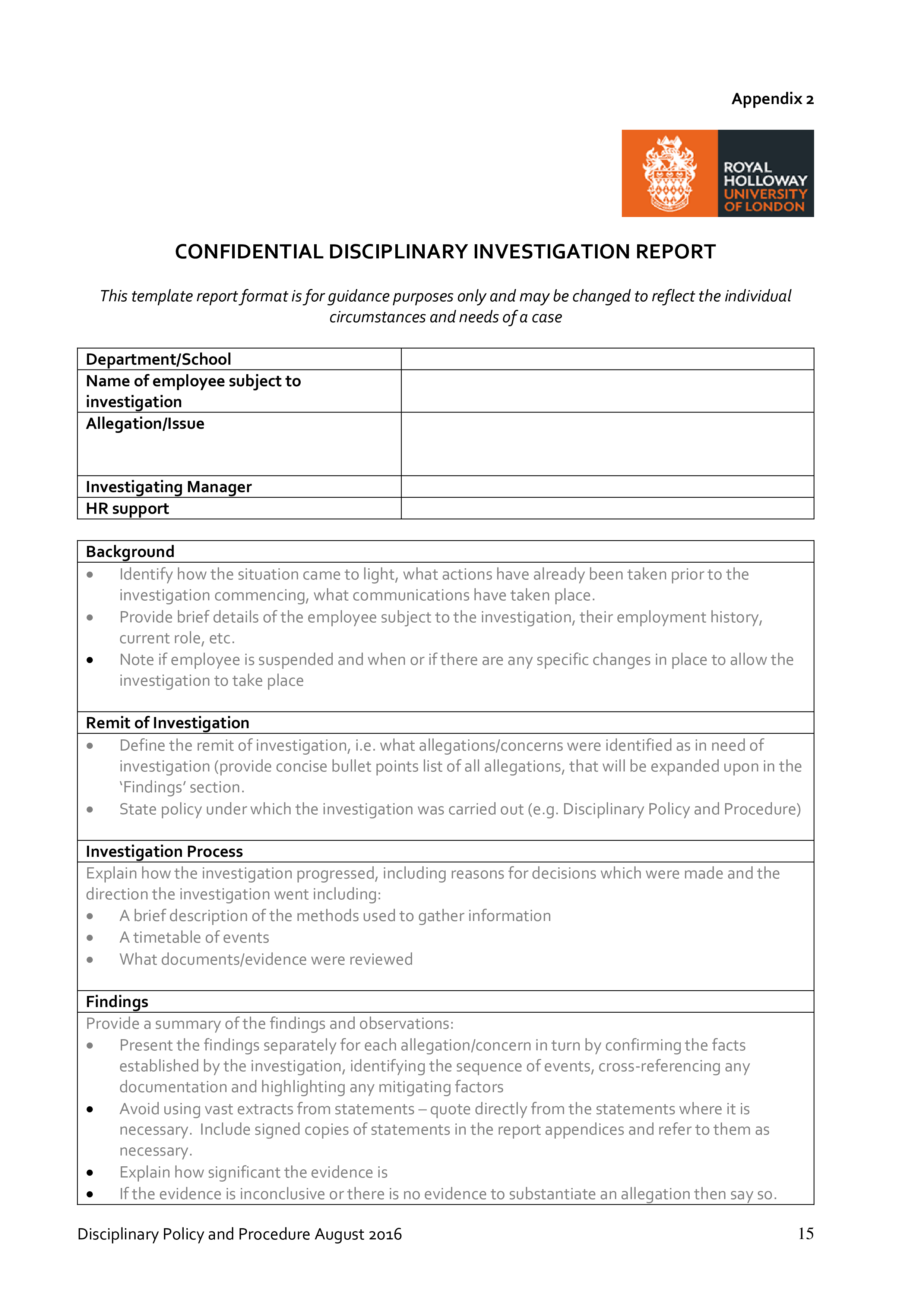 disciplinary investigation report template