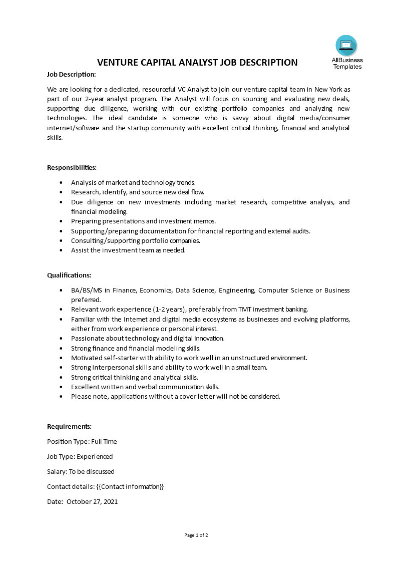 Venture Capital Analyst Job Description 模板