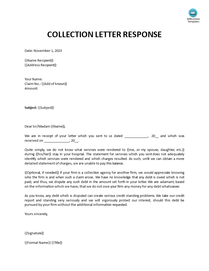 collection letter response modèles