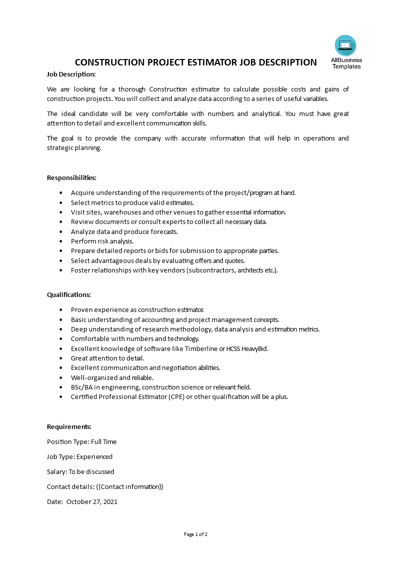 Construction Project Estimator Job Description 模板