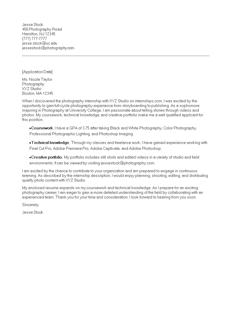 Kostenloses Photography Internship Cover Letter Example