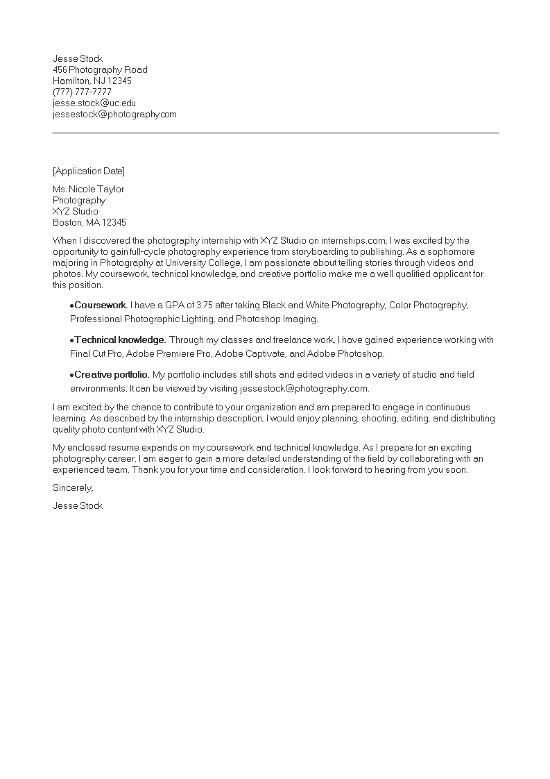 photography internship cover letter example template