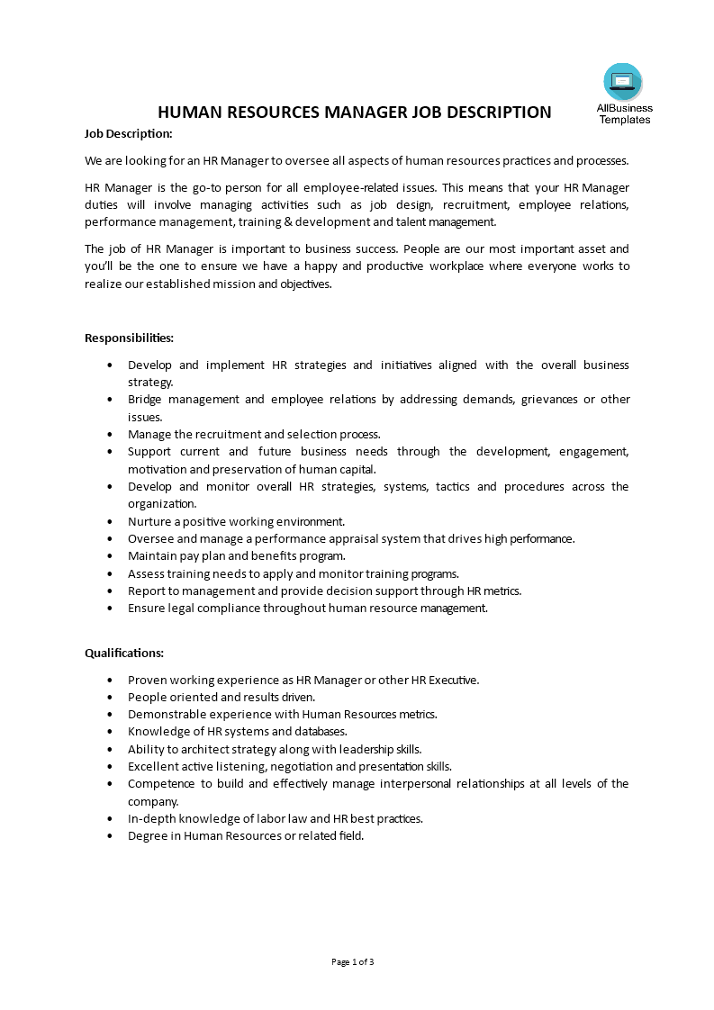 job description hr manager template