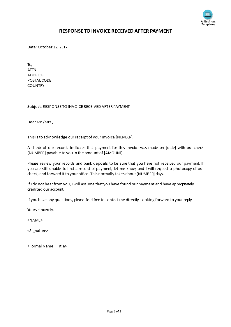 customer service - response to invoice received after payment voorbeeld afbeelding 