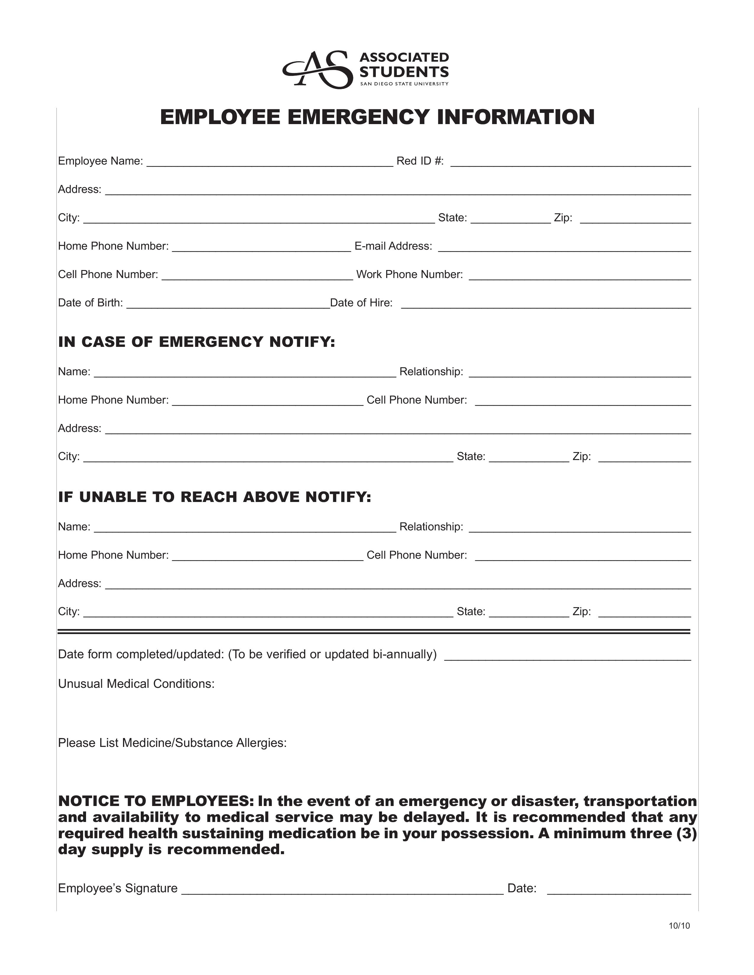 University Employee Emergency Notification Form 模板