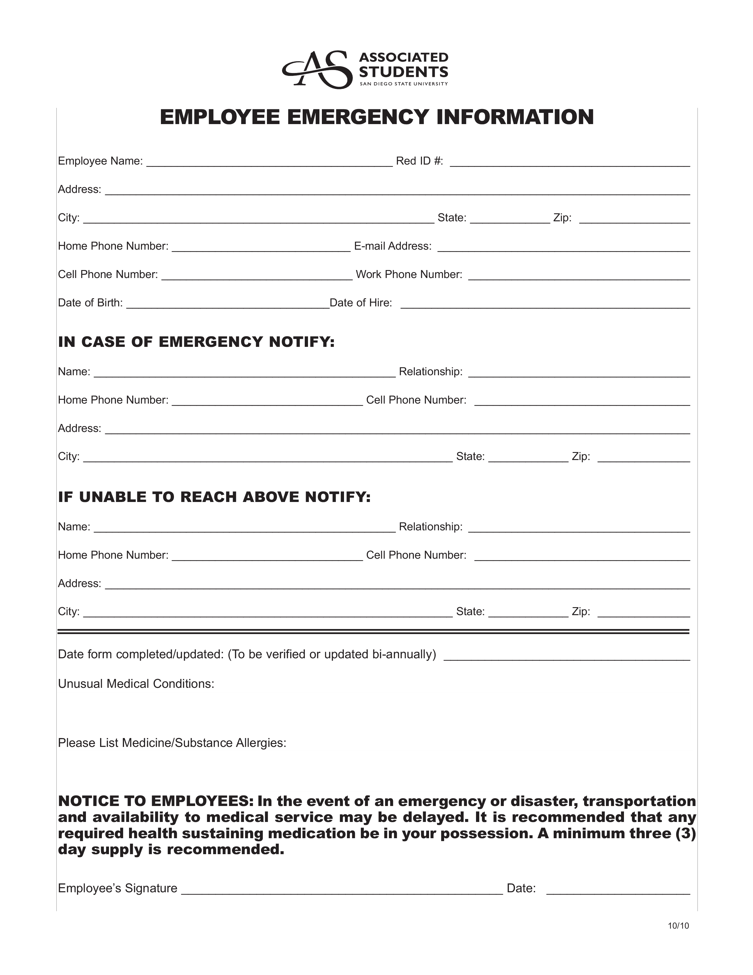 university employee emergency notification form template