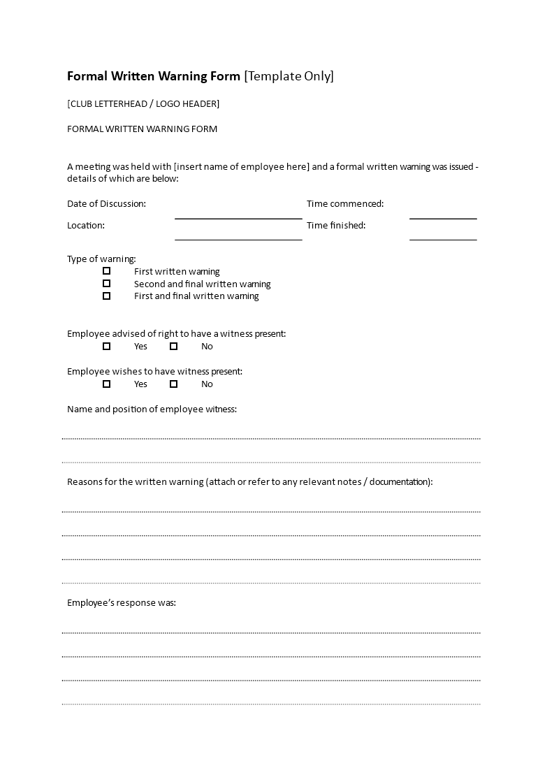 formal written warning form template