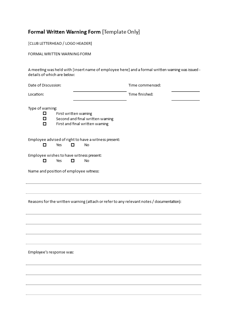 Formal Written Warning Form 模板