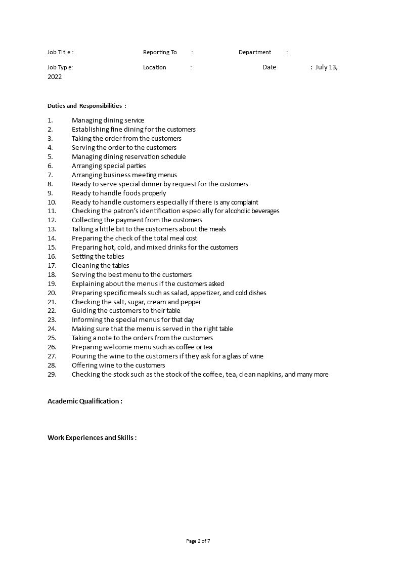 waitress job description template