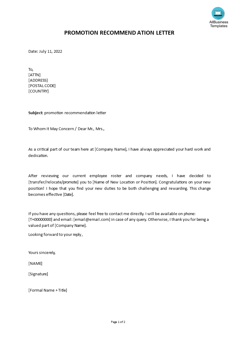 Promotion Recommendation Letter in Word main image