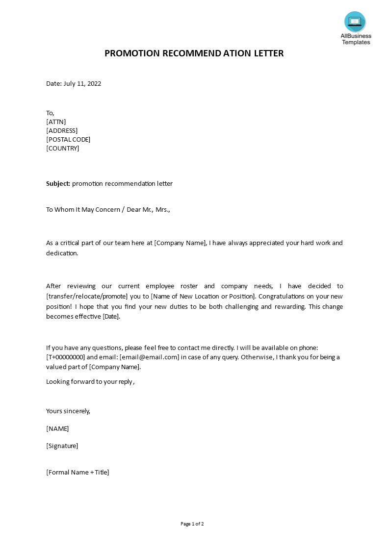 promotion recommendation letter in word template