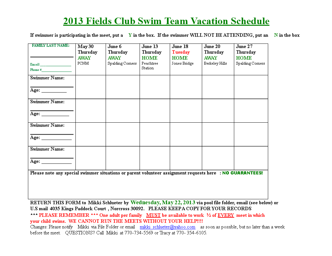 Fields Swim Team Vacation Schedule main image