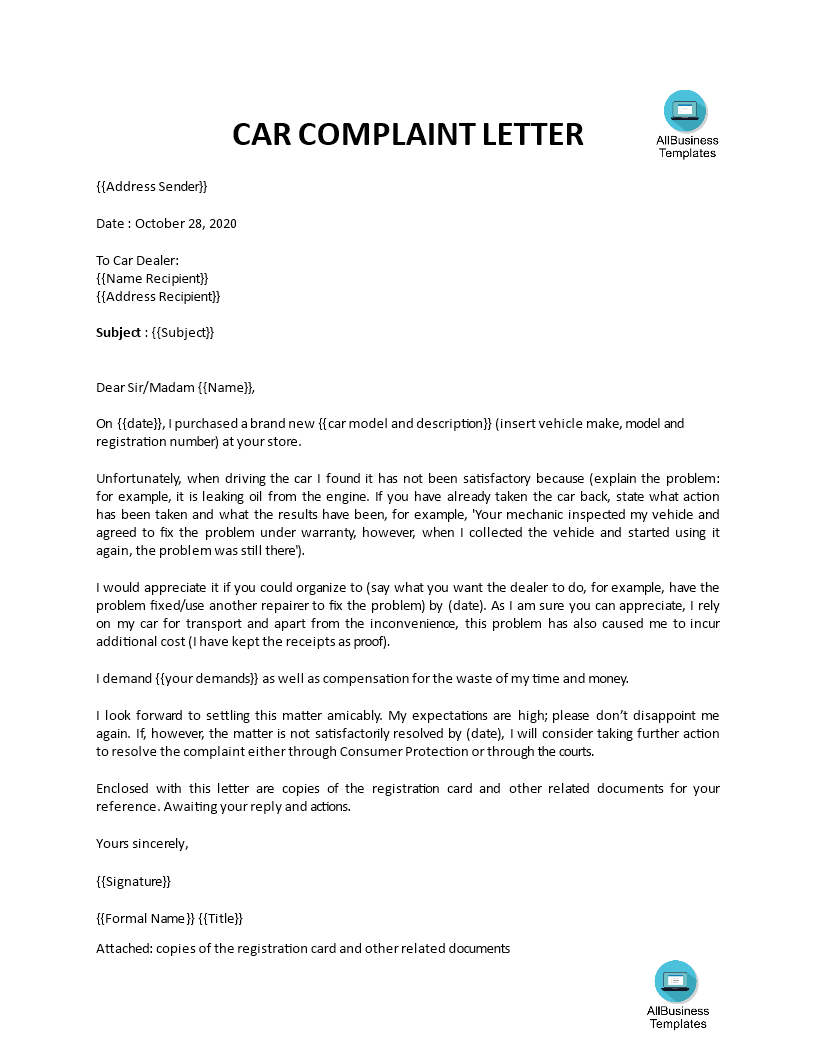 car complaint letter used vehicle voorbeeld afbeelding 
