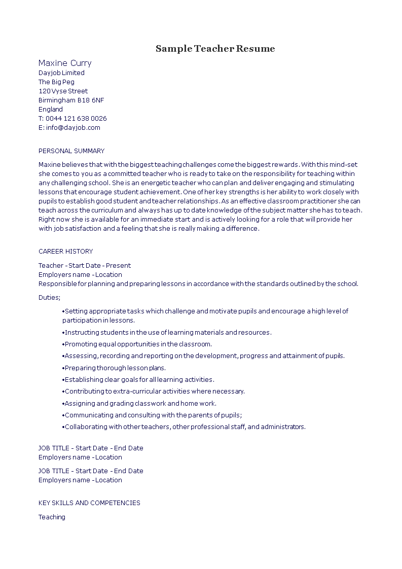 generic teacher resume sample voorbeeld afbeelding 