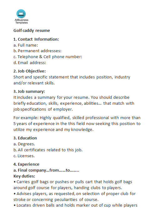 golf caddy resume format template