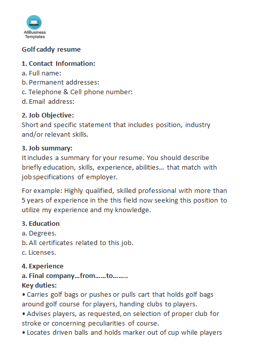 Golf Caddy Resume Format 模板