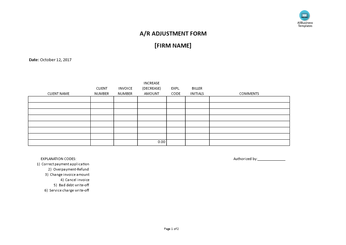 accounts receivable adjustment form template