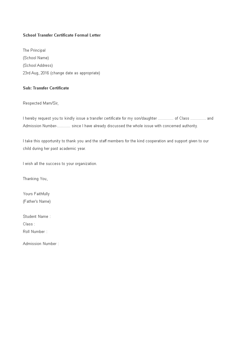 School Transfer Certificate Formal Letter Templates At school-transfer-certificate-formal-letter-templates-at