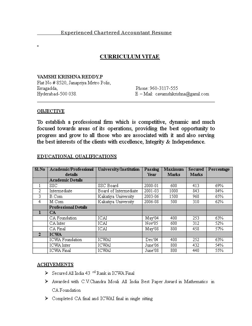 experienced chartered accountant resume template