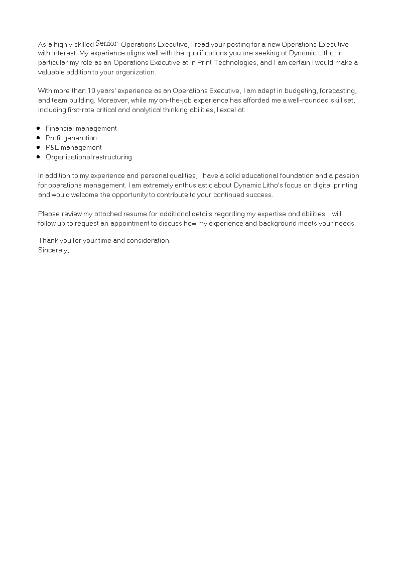 senior executive job application letter template