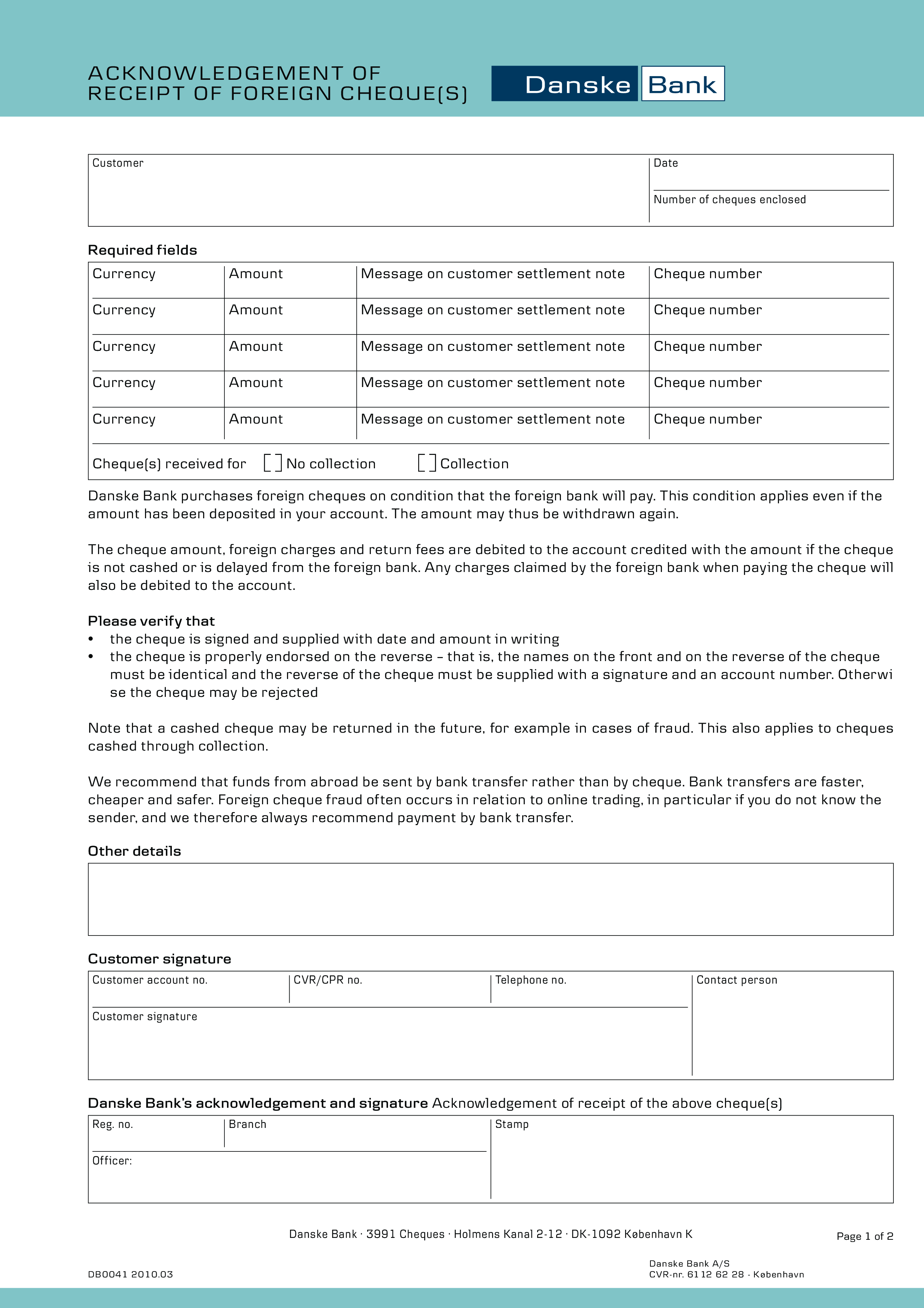 Cheque Acknowledgement main image