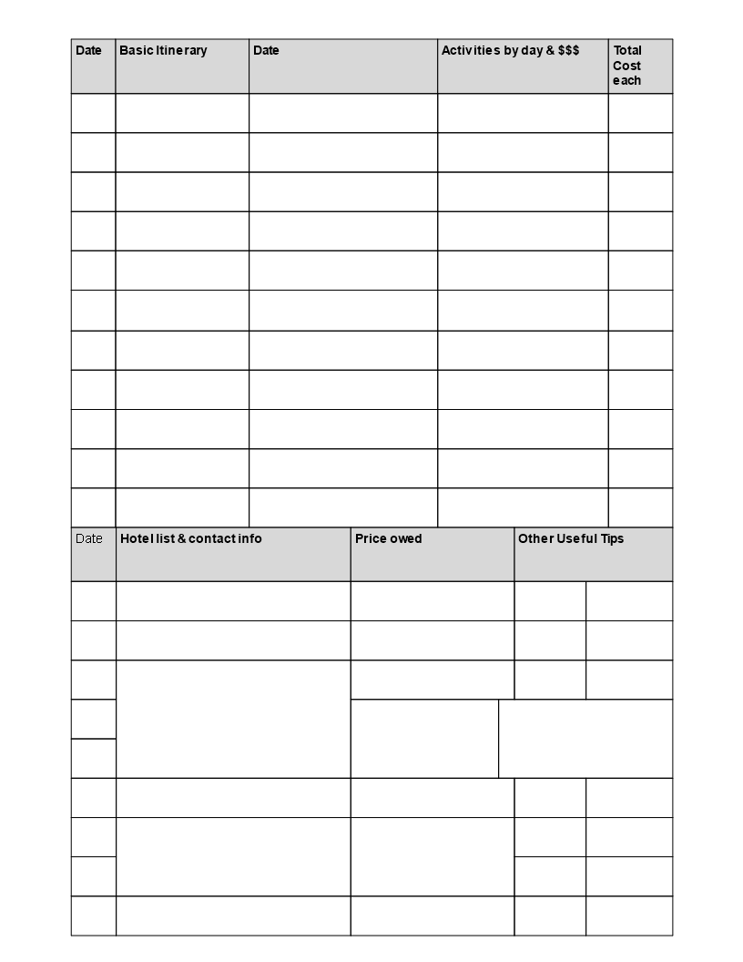 holiday itinerary template