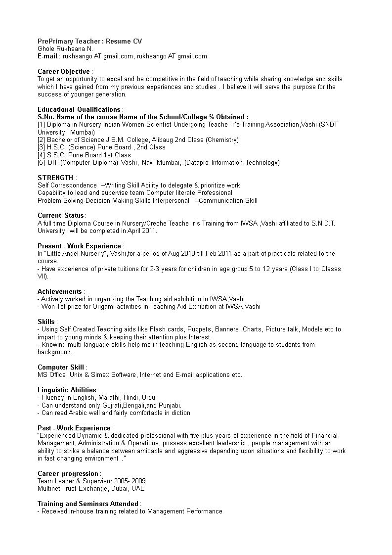 pre primary school teacher resume template