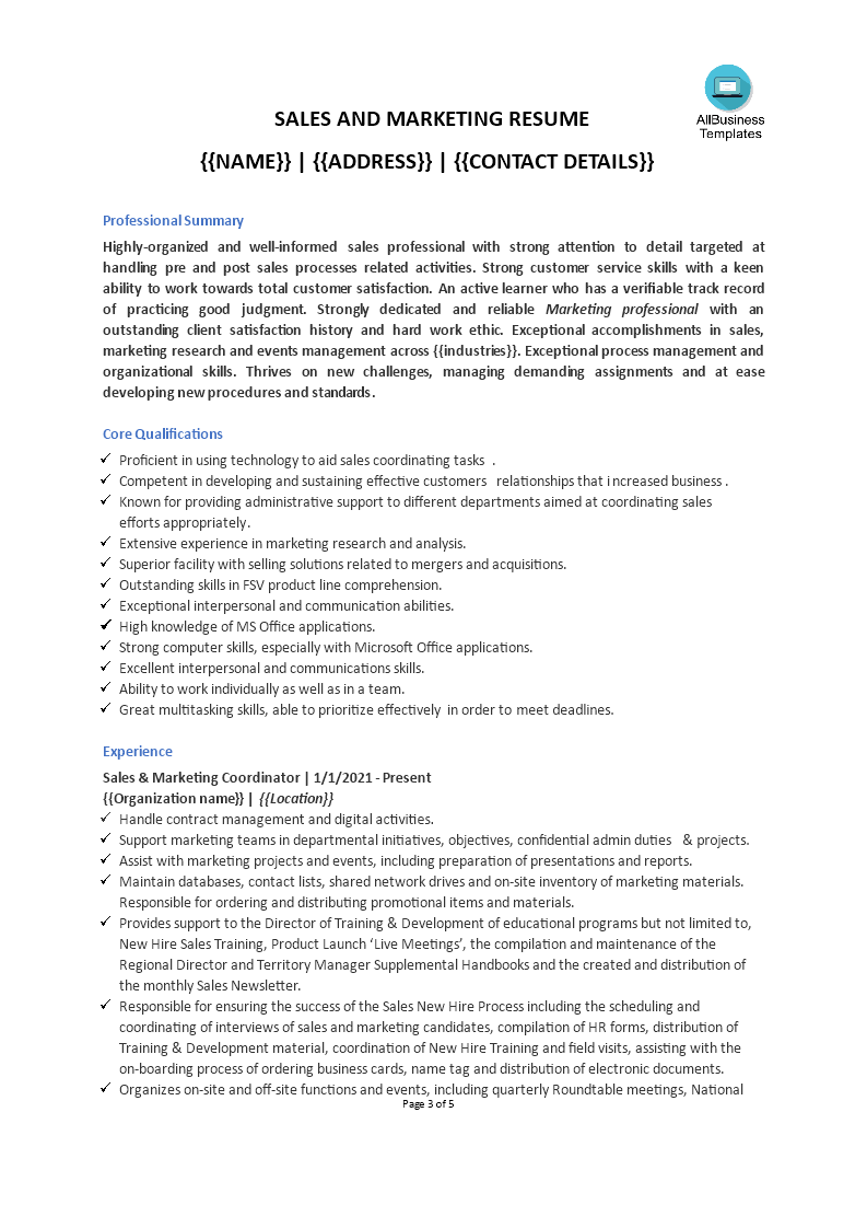 Marketing And Sales Coordinator Resume 模板