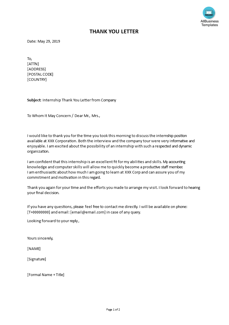 printable internship thank you letter from company modèles