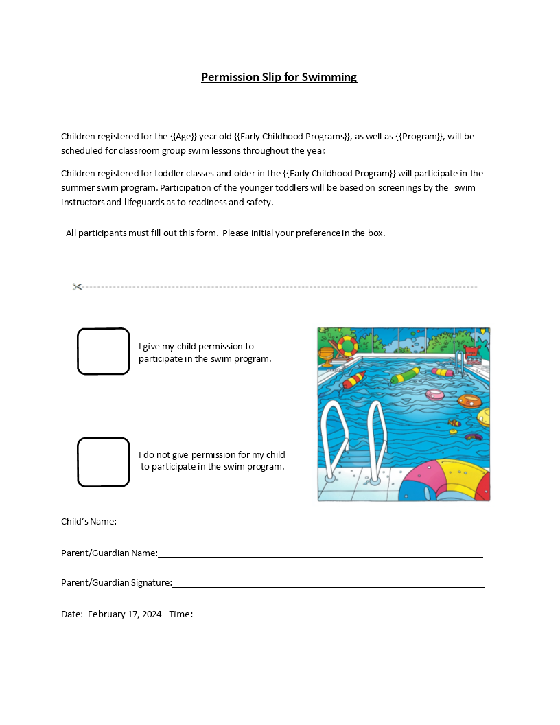 permission slip for swimming voorbeeld afbeelding 