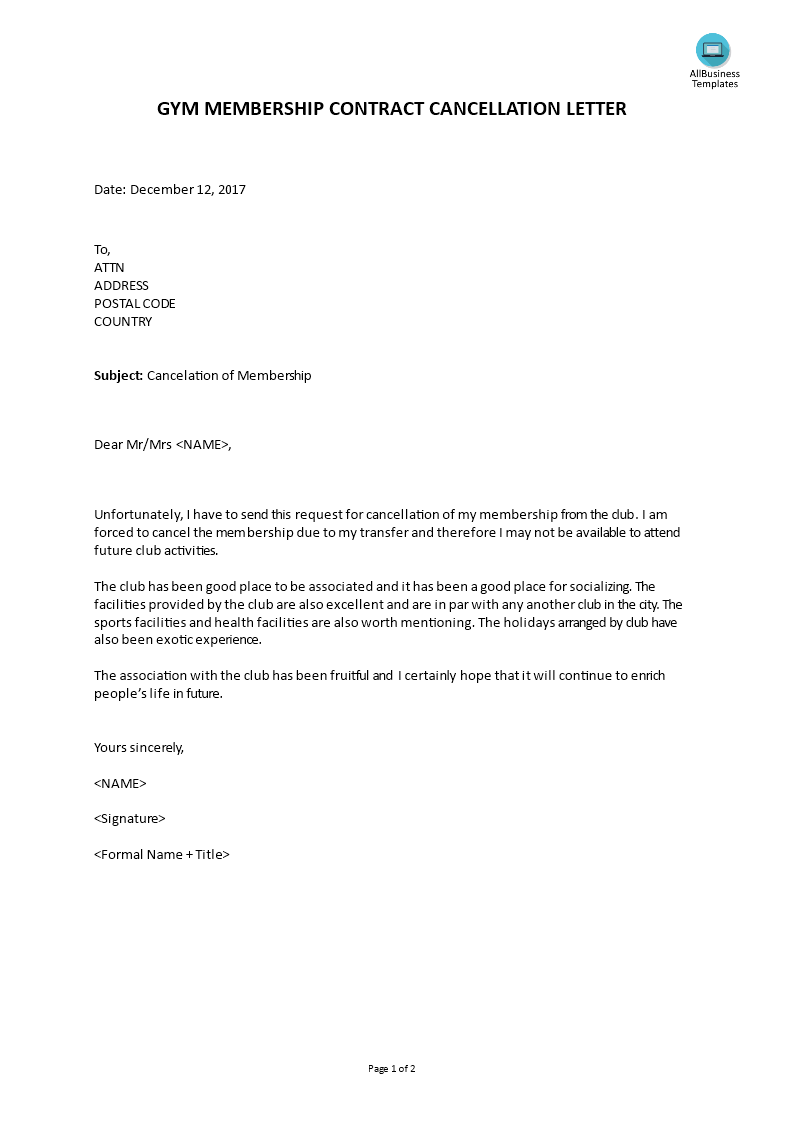 sample letter to cancel gym membership