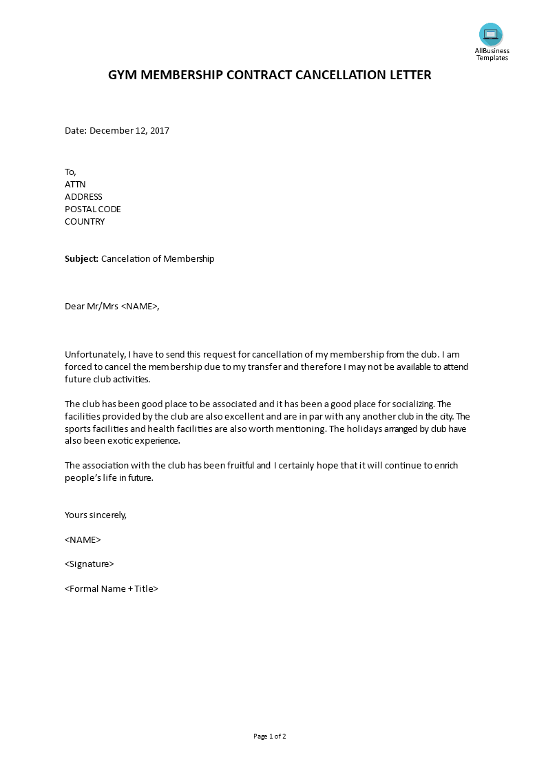 Gym Membership Contract Cancellation Letter  Templates at