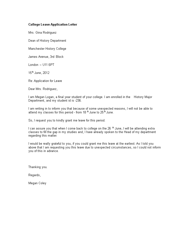 college leave application letter example template