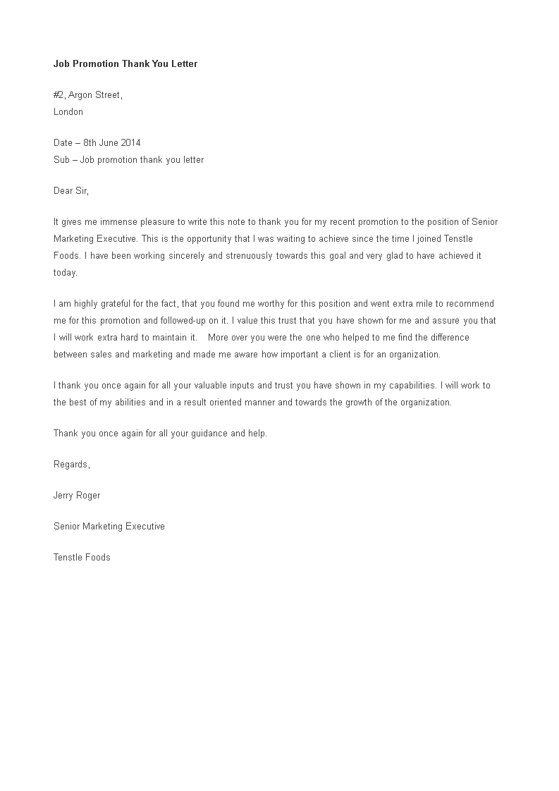 job promotion thank you letter template