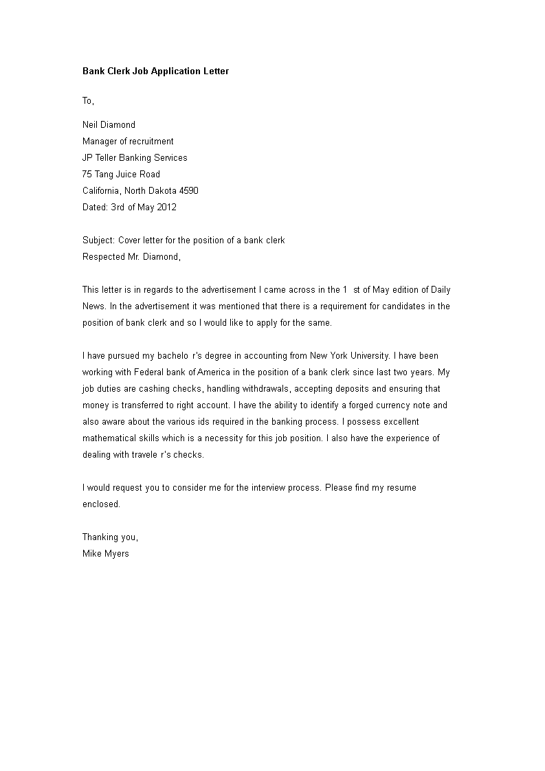 bank clerk job application letter template