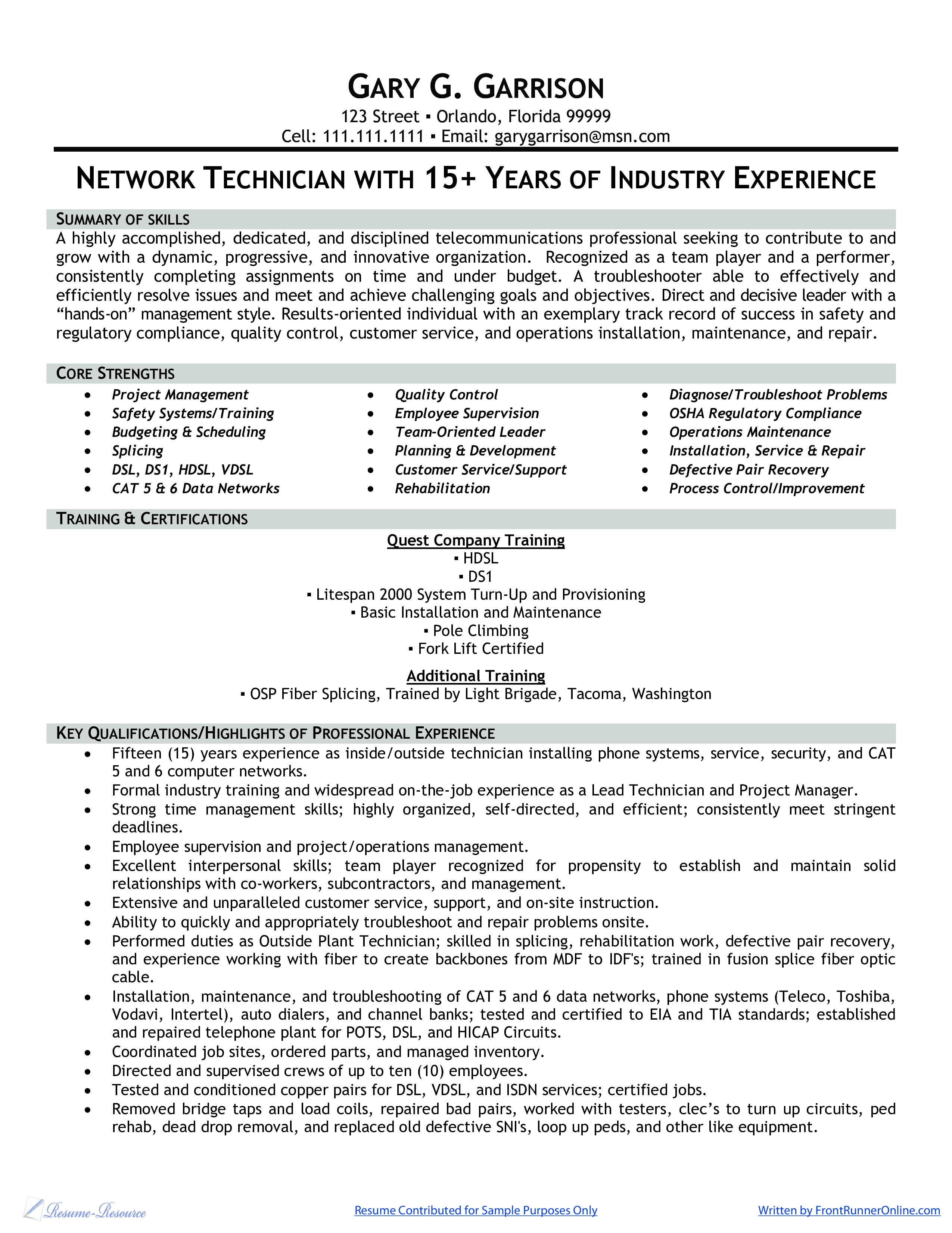 resume for a network technician template