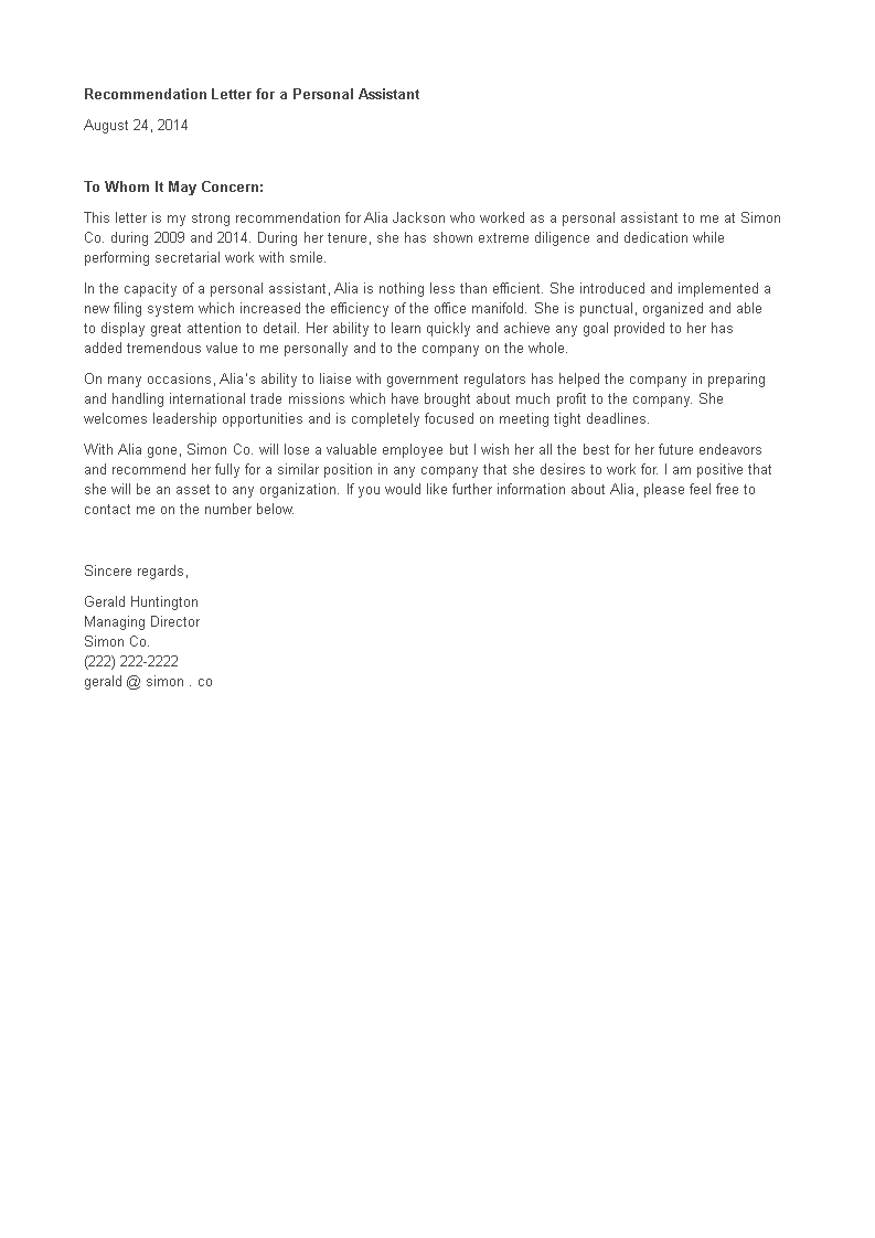 personal assistant recommendation letter template