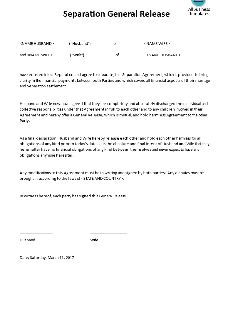 marriage separation general release template