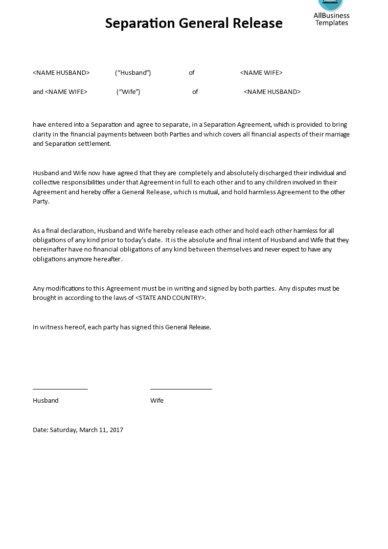 Marriage Separation General Release - Premium Schablone With separation financial agreement template Marriage Separation General Release - Premium Schablone With separation financial agreement template
