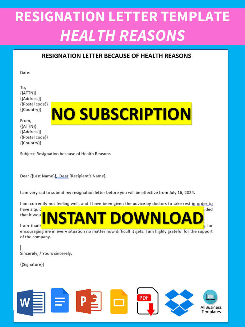 resignation letter with health reason modèles