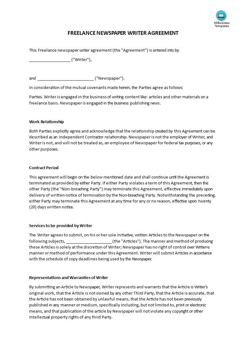 Freelance Writer Newspaper articles Agreement - Premium Schablone Inside freelance writer agreement template