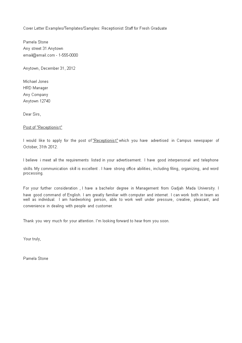 Job Application Letter For Fresh Graduate Receptionist Templates At 