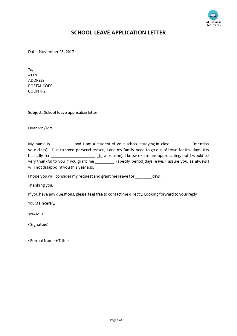 school leave application template