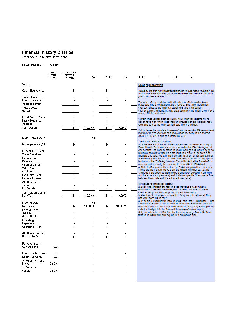 Financial History And Ratios 模板